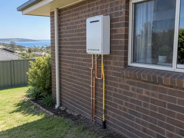 Wall-mounted hot water system on a brick exterior wall beside a window and garden in Caves Beach