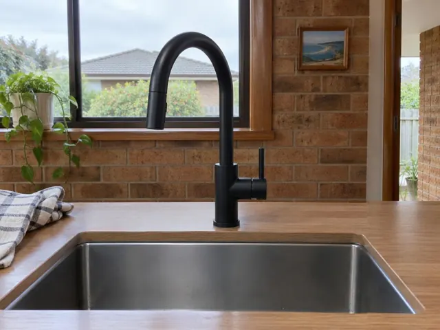 Black kitchen mixer tap over a stainless steel sink with brick wall and window in Pinny Beach